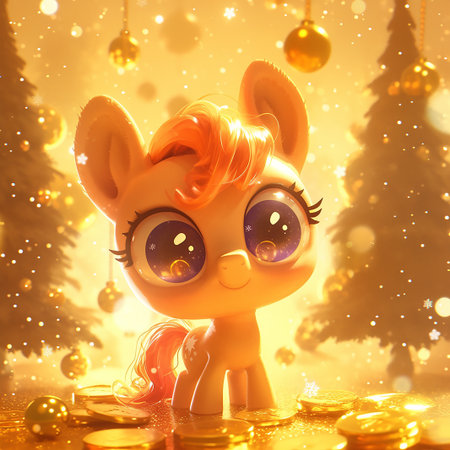 A cheerful pony with bright eyes looks playfully at the camera while surrounded by gold coins and shimmering holiday ornaments. A warm glow fills the room, suggesting a festive mood.の素材