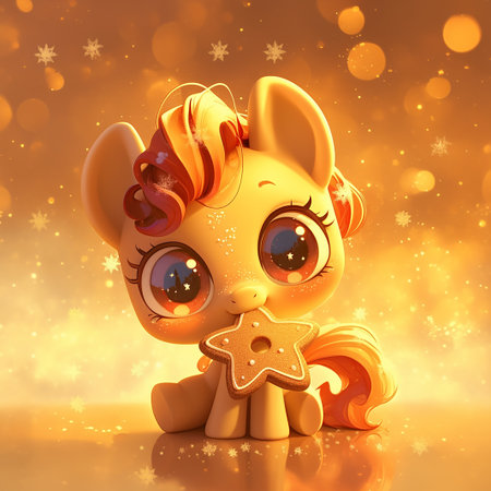 A cheerful pony with big eyes holds a star-shaped gingerbread cookie amidst a warm golden glow. Sparkling snowflakes add a festive touch to the joyful scene.の素材