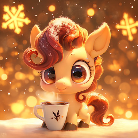 A charming pony with bright eyes and curly mane sits in a snowy landscape, sipping a warm drink from a cup. Soft snowflakes and lights create a magical winter atmosphere.の素材