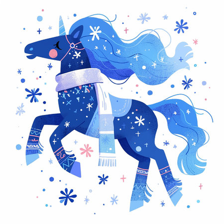 Bright blue unicorn with flowing hair and a scarf joyfully prances through a whimsical winter scene filled with snowflakes and stars, evoking a sense of magic and wonder.の素材
