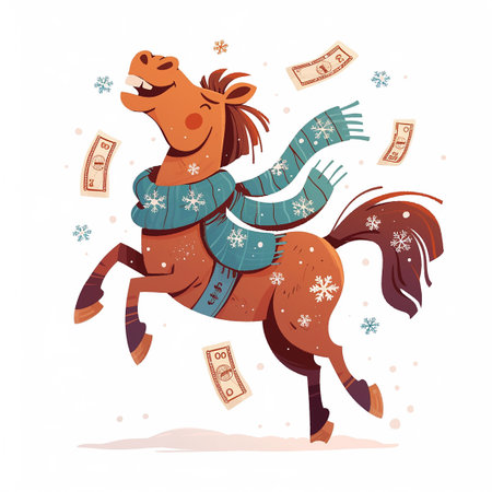 A cheerful brown horse is dancing joyfully in the snow, wearing a warm scarf. Dollar bills are floating around, adding a festive mood to the winter scene.の素材