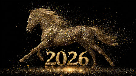 A golden horse is seen galloping in a dynamic pose, surrounded by shimmering sparkles. The year 2026 appears prominently beneath, creating a festive feel.の素材