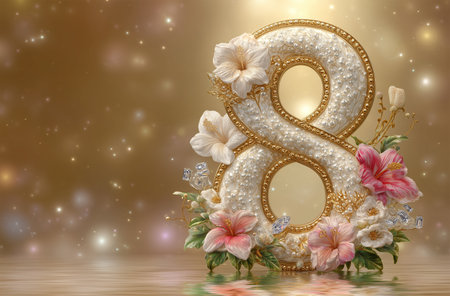 The number eight is designed with flowers and embellishments. It is placed in front of a golden...