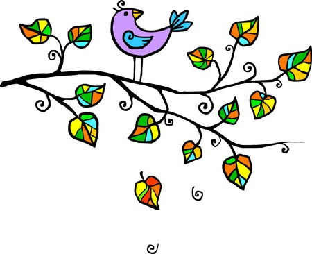 Violet hand-drawn bird on the treeの写真素材