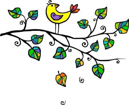 Yellow hand-drawn bird on the treeの写真素材