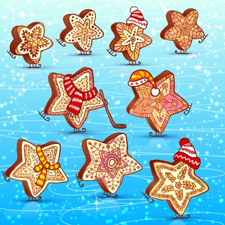 Funny honey-cakes sweets skating on the blue iceのイラスト素材