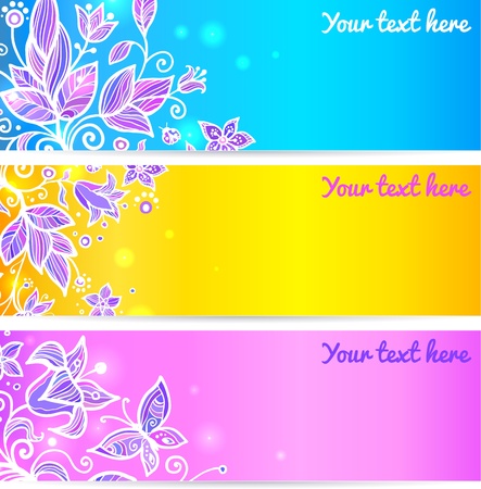 Colorful blue, yellow and violet doodle flowers bannersのイラスト素材