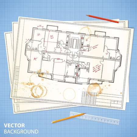 Architectural papers with sketches on the blue millimeter paperのイラスト素材