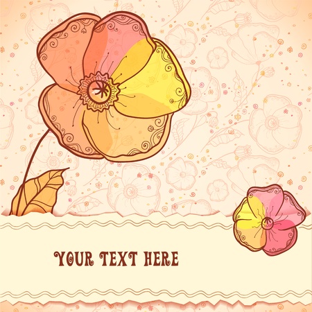 Vintage red, orange and yellow flowers vector greeting cardのイラスト素材