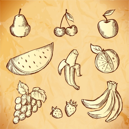 Vintage hand-drawn sketch of fruits icon setのイラスト素材