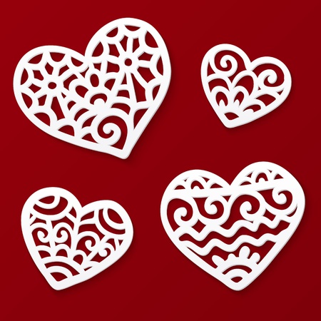 Vector cut out paper white lacy hearts on dark red background のイラスト素材