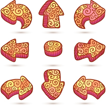 Set of orange isolated doodle ornate arrows with shadowのイラスト素材