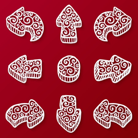 Set of white ornate doodle arrows on dark red backgroundのイラスト素材