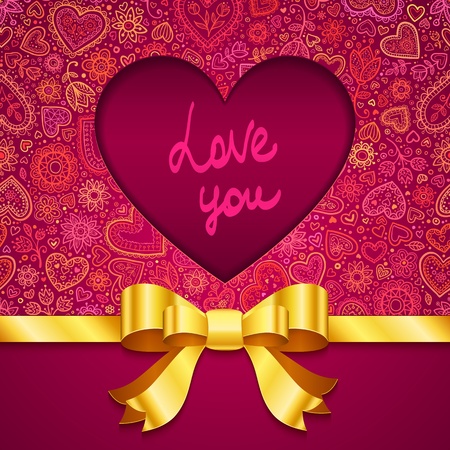 Valentines day greeting card with heart and golden ribbonのイラスト素材