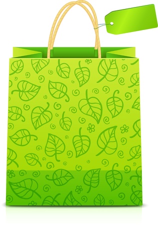 Green paper shopping bag with floral ornament and green labelのイラスト素材