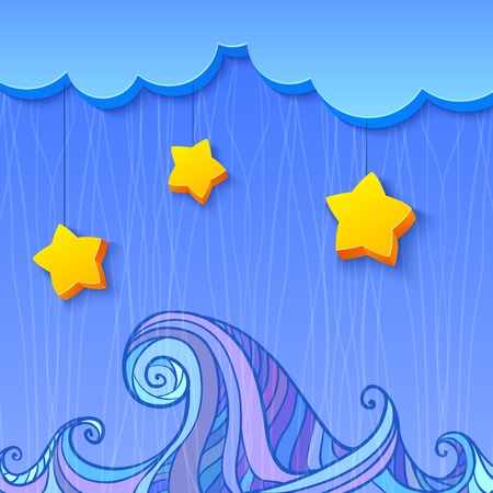 3d shaded decoration with cloud and stars over the seaのイラスト素材