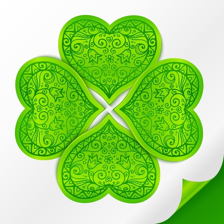 Green plastic ornate lucky clover on paper with curved cornerのイラスト素材