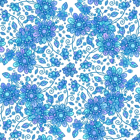 Blue line drawn flowers seamless patternのイラスト素材
