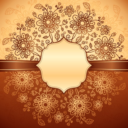 Vintage beige floral background with ribbon and labelの写真素材