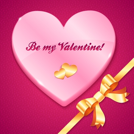 Pink plastic heart with sign, golden hearts, bow and ribbonのイラスト素材