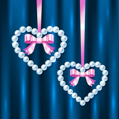 Pearl hearts with pink ribbons and bows on dark blue silkのイラスト素材