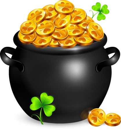 Black pot of leprechauns gold with lucky cloversのイラスト素材