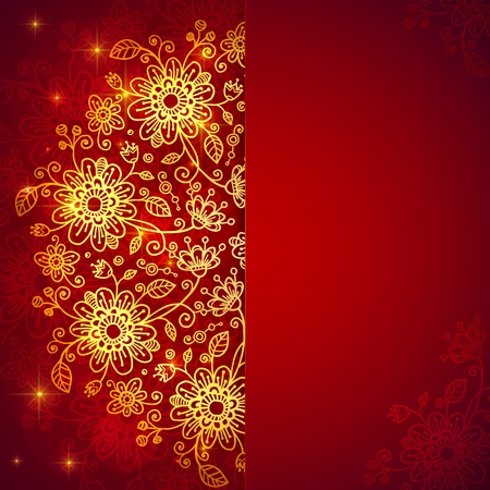 Bright red vintage doodle flowers background with place for textの写真素材