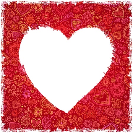 White painted heart on red ornate background, greeting cardの写真素材