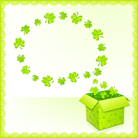 Green paper box with clovers and text bubble greeting cardのイラスト素材