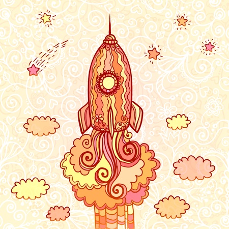 Vector ornate doodles rocket starting to spaceのイラスト素材