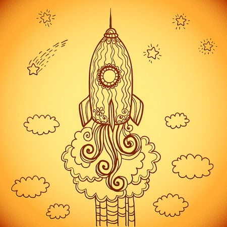 Vector ornate doodles rocket starting to spaceの写真素材
