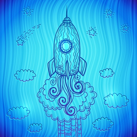 Vector ornate doodles rocket starting to spaceの写真素材