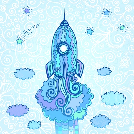 Vector ornate doodles rocket starting to spaceのイラスト素材