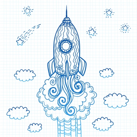 Vector ornate doodles rocket starting to spaceのイラスト素材