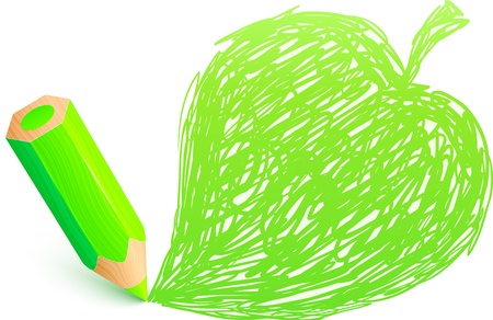 Green cartoon pencil with doodle leafのイラスト素材