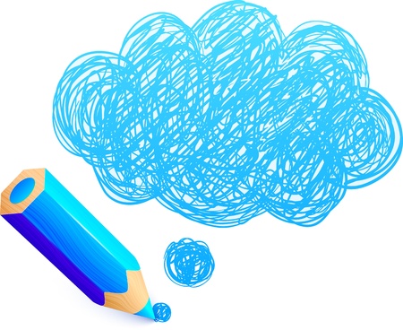 Blue cartoon pencil with doodle cloudのイラスト素材