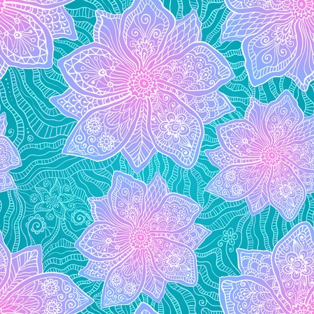 Ornate violet flowers on lacy blue backgroundのイラスト素材