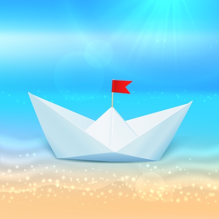 Little vector paper boat in a blue sea, summer conceptのイラスト素材