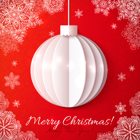 Wihite origami paper vector Christmas ball on red backgroundのイラスト素材