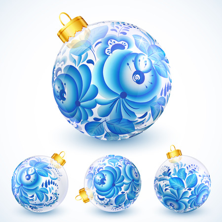 White christmas balls with blue floral ornament and golden ribbonのイラスト素材