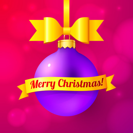 Violet vector Christmas ball with yellow ribbon and signのイラスト素材