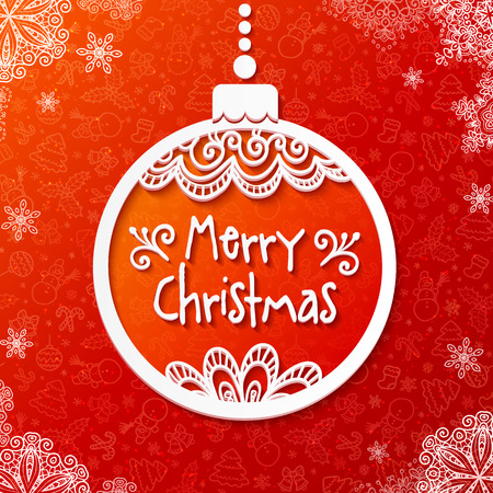 White vector paper ornate Christmas ball on red backgroundのイラスト素材
