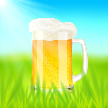 Mug with beer, on green field in sunny day, vector illustrationのイラスト素材