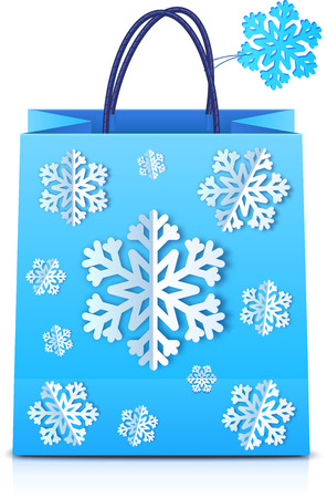 Blue vector Christmas shopping bag with paper snowflakesのイラスト素材