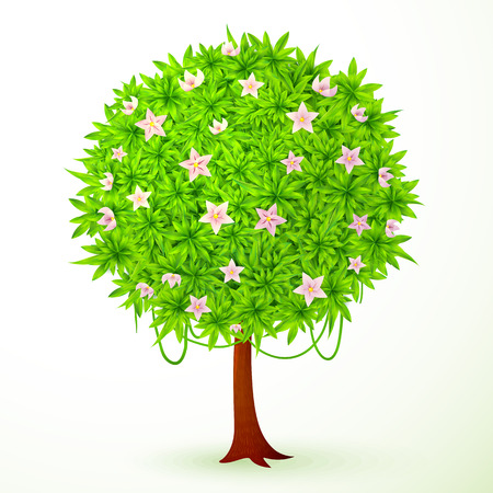Round vector green leaves tree with flowersのイラスト素材