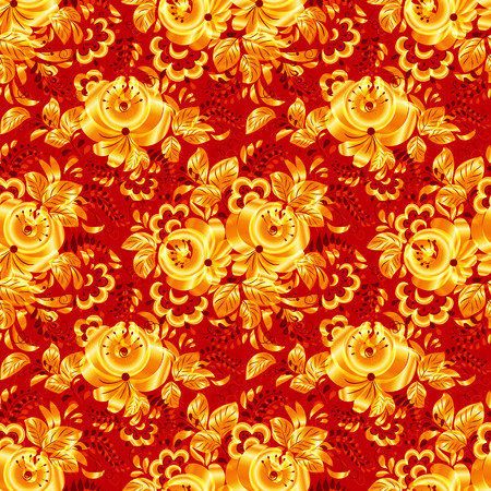 Red textile seamless vector pattern with golden flowersのイラスト素材