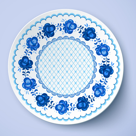 Blue ornamental vector plate in traditional russian styleのイラスト素材