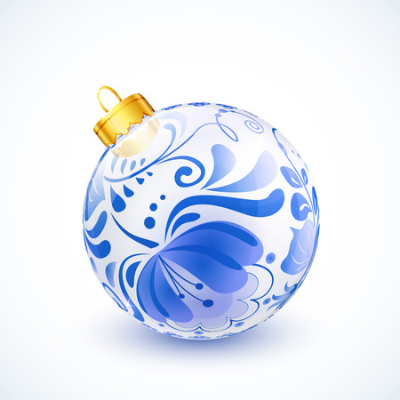 White christmas ball with blue floral ornament and golden ribbonのイラスト素材