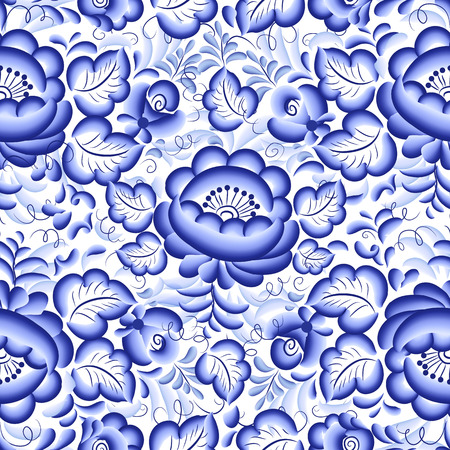 Blue floral textile vector seamless pattern in Russian gzhel styleのイラスト素材