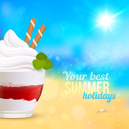 Sweet creamy desert on beach seascape backgroundのイラスト素材